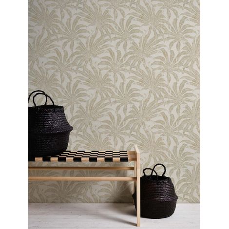 Papier peint intissé feuillage Tapisserie à fond crème et fleurs beiges Papier peint style tropical tendance pour couloir et chambre (1/4)