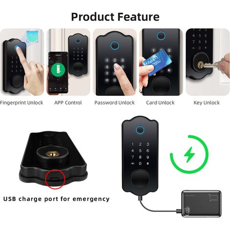 Decdeal Serrure de porte intelligente 5 en 1, résistante à l'eau, automatique, pour application TTlock, carte IC, 150 Codes, empreintes digitales électroniques, avec levier de poignée avant (1/5)