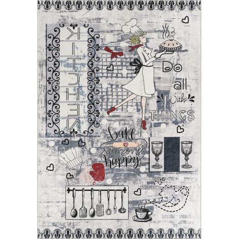 Tapis de cuisine 70 x 180 cm, motif texte graphique kilim tissé à plat, coloris gris, noir et rouge, facile à entretenir
