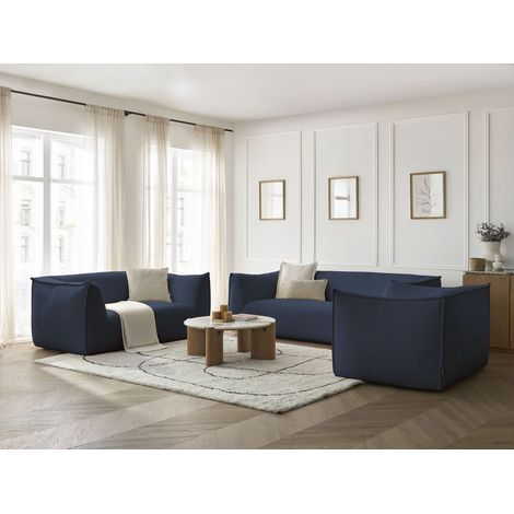 BOBOCHIC - Ensemble canapé droit fixe 3 + 2 places + fauteuil GIORGIA tissu bouclette Bleu foncé (1/5)
