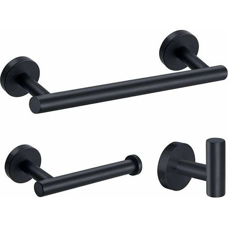 Set di 3 portasciugamani da parete in acciaio inox cromato, accessori per il bagno da 12"/305 mm, portasciugamani + porta carta igienica + ganci per asciugamani FOREHILL (nero)