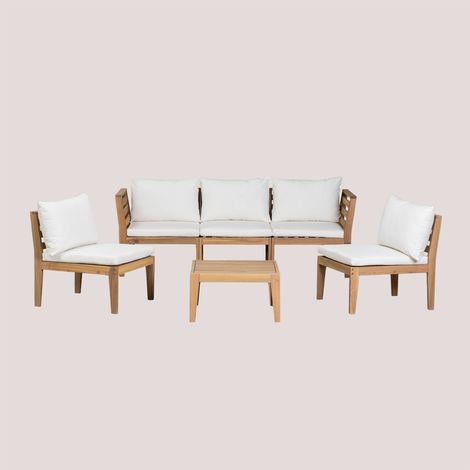 SKLUM Gartenset mit 5-teiligem Modulsofa mit Armlehnen und Couchtisch aus Filips-Akazienholz Gardenia Weiß                                  
