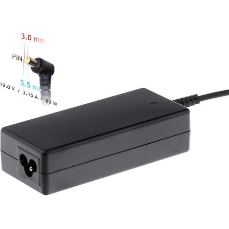 Adaptador de corriente Akyga AK-ND-13 para portátil Samsung, 19 V, 3,16 A, 60 W, 5,5 x 3,0 mm + conector. (1/4)