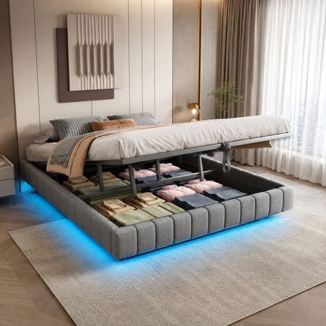 Cama con canapé 180x200 cm de lino gris con LED, almacenaje hidráulico y metal - CHICFURN (1/5)