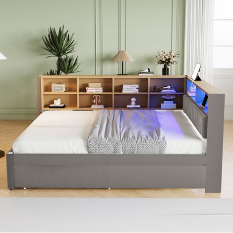 Canapé-lit 140/200 cm avec lit gigogne 90/190 cm gris foncé en flanelle avec rangements et ports de charge (1/4)