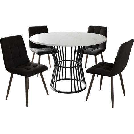 Ensemble salle à manger 5 pièces avec table ronde 100 cm, plateau MDF motif marbre et 4 chaises en velours noir (1/5)