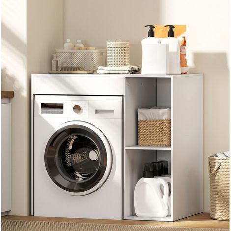 Badmöbel über Waschmaschine modern aus Holz in Weiß, mit 2 offenen Fächern und oberer Ablage (1/4)