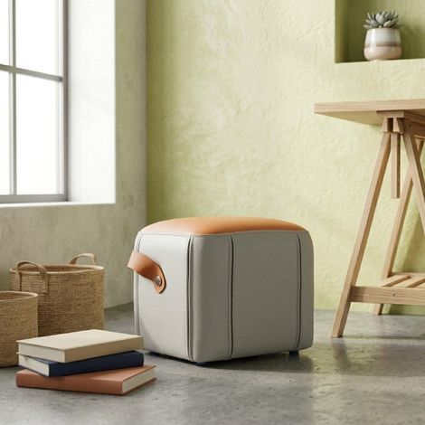 Tabouret moderne avec poignée en cuir PU, repose-pieds rembourré avec revêtement en cuir PU, pouf multifonctionnel pour salon ou chambre (1/5)