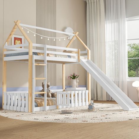 Lit superposé enfant 90×200cm,toit exquis,toboggan,espace ouvert,lattes,échelle,pin+MDF+contreplaqué blanc+naturel