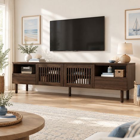 180cm TV‑Schrank aus MDF‑Holz, TV‑Lowboard mit 2 Gittertüren & 2 Schubladen, Fernsehschrank mit offenen Fächern, Massivholzbeine für Wohnzimmer, Geeignet für Fernsehgeräte von 55‑75 Zoll ,180×40×51 cm (1/5)