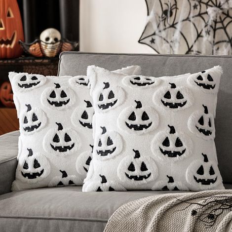 Taies d'oreiller à motif fantôme sur le thème d'Halloween/d'automne/de Thanksgiving (18 x 18 pouces, 2 pièces, blanches) (1/4)