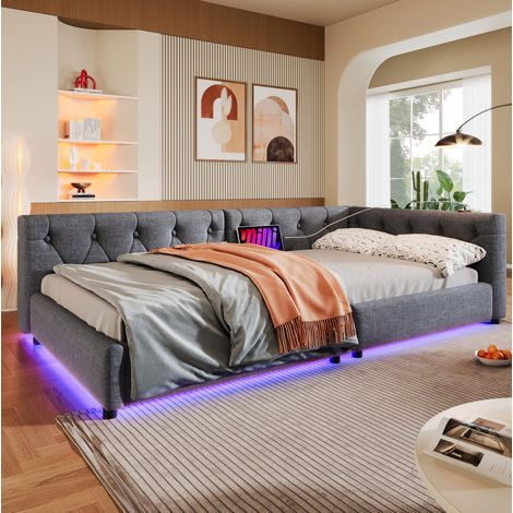 Tagesbett 90/200 cm grau aus Leinen mit LED-Beleuchtung und USB/Typ-C (1/5)