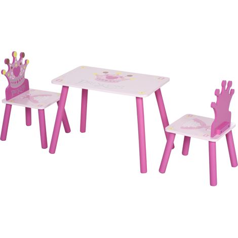 Ensemble table enfants 3 pièces avec 2 chaises, pieds bois massif, table motif couronne rose, chaise assortie, pour filles et garçons 2-4 ans. (1/5)