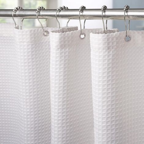 Duschvorhang mit Waffelmuster und Metallringen, wasserdicht, schimmelresistent, Polyestergewebe, strapazierfähiger Badezimmervorhang für Badewanne/Duschkabine