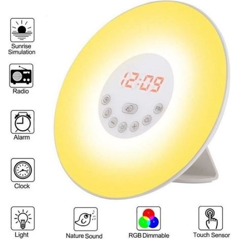 Réveil Enfant Tactile Soleil Levant 7 Couleurs, Veilleuse LED, Alimentation USB, Radio FM, Réveil avec Fonction Veilleuse (1/4)