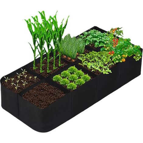 Sac de culture (120 x 60 x 30 cm, 8 poches) en feutre multi-compartiments pour jardinage, pot de pépinière rectangulaire pour légumes, tomates et pommes de terre. (1/4)