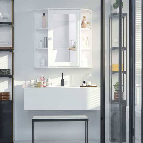 Meuble miroir de salle de bains mural moderne en MDF blanc 66x17x63 cm avec porte miroir et étagères ouvertes (1/5)