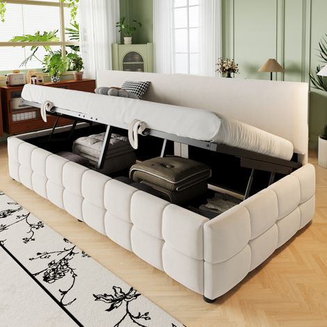 Canapé-lit velours beige 90x200 cm avec rangement hydraulique dossier sans accoudoirs motif à carreaux