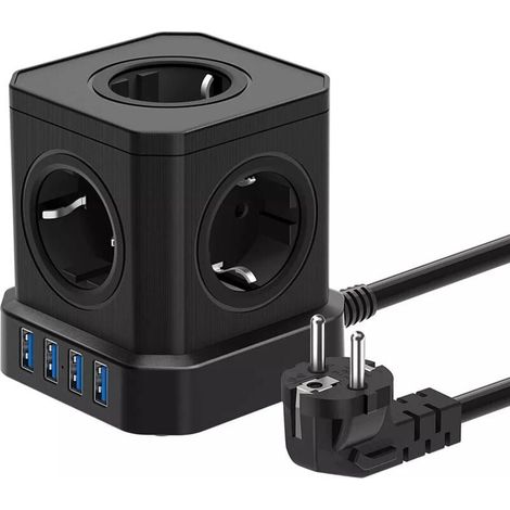 Multiprise cubique 9 en 1 avec USB, 5 prises (dont 4 ports USB), parasurtenseur avec interrupteur et câble de 2 mètres, rallonge 4 000 W, noir (1/4)
