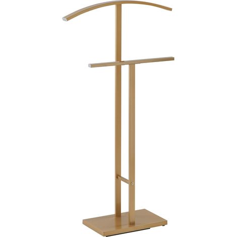 Idimex – Valet de chambre en métal laqué or – Socle rectangulaire stable – Grand cintre pour veste et chemises – Support pour pantalon inclus