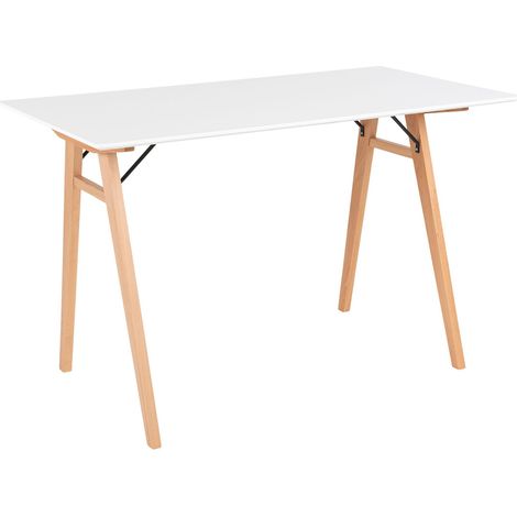 Scrivania Vojens bianca con gambe in legno naturale, 120×60×75 cm