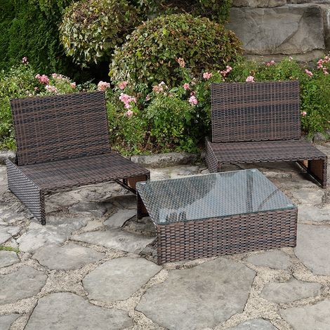 Mucola – Salon de jardin modulable en poly-rotin marron – Ensemble 2 fauteuils, 1 table avec plateau en verre – Coussins hydrofuges amovibles