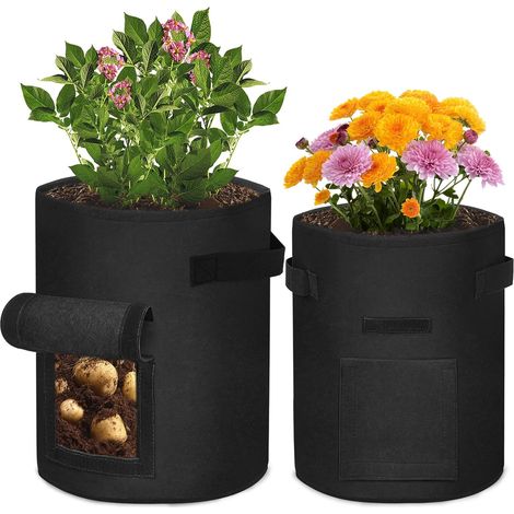 CSPARKV Lot de 2 sacs de plantation pour pommes de terre - 7 Gallonen - Avec poignées et fenêtre de visualisation - Sac de plantation pour légumes et plantes - Noir (1/5)