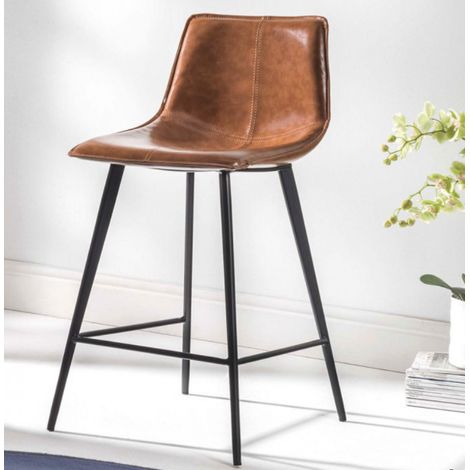 Tabouret de bar cuir marron vieilli et 4 pieds métal noir Kinga-Hauteur d'assise 66 cm (1/4)
