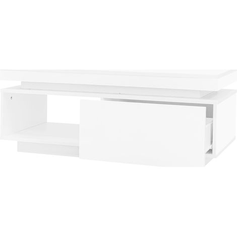 Table basse moderne en panneau MDF blanc laqué avec éclairage LED et tiroir, 100x50x40,3 cm (1/5)