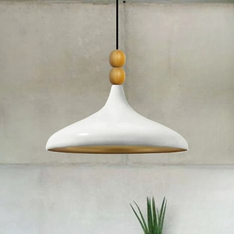 bamyum Holz Champion Suspension Industrielle Plafonnier, 35 cm Abat-Jour Plafonnier, Suspension Industrielle, E27 Lumières Pour Salon & Salle À Manger, Luminaire Suspendu Blanc (1/3)