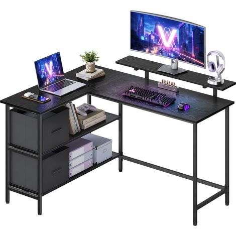 Bureau d'Ordinateur en Forme de L, Bureau d'angle, 2 Tiroirs Spacieux, Support de Moniteur, Étagère Réglable, Noir Boisé LWD098B56 (1/5)