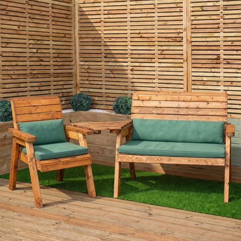 3 Seater Wooden Garden Furniture Set with Angled Tray & Green Cushions (1/5)