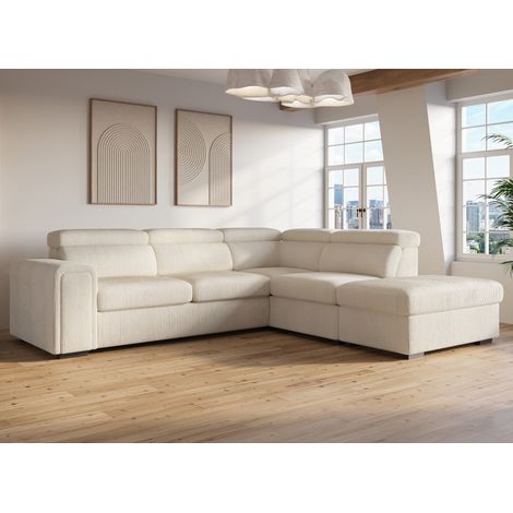 Deco In Paris – Canapé d'angle convertible 5 places en velours côtelé épais beige – Fonction lit pour 2 personnes – Pouf coffre de rangement intégré (1/5)