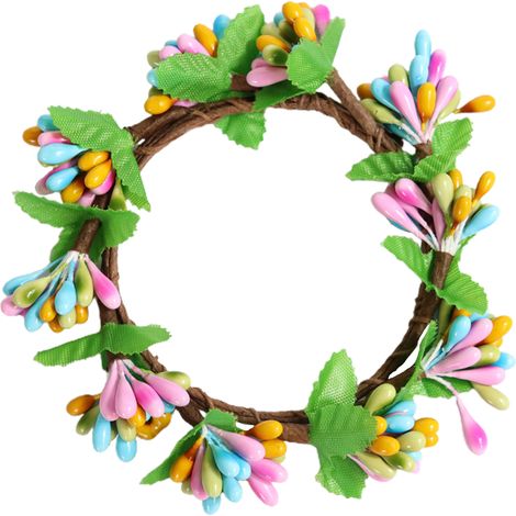 Serviettenring-Kranz aus farbigen Kerzen / Beeren - Steinpulver + wasserfeste Schicht, Blätter - Seidenstoff, Ringe - Eisendraht / Innendurchmesser 6,5 cm, Außendurchmesser 10 cm / (882, (1/2)