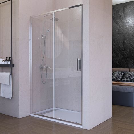 Mampara de ducha frontal corredera 115 cm 1 puerta + 1 fijo Plata cromo Cristal transparente 6 mm con perfil inferior 195 cm altura