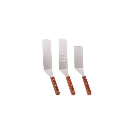 3 Spatules acier inoxydable, kit ustensiles grill : lisse/perforée/tournergratter, poignées bois, pour teppanyaki/grillades