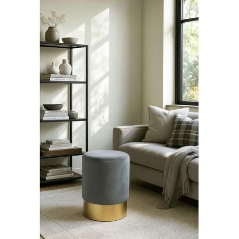 ORION91oficial® Velvet Puff for Indoor Use 42x28x28 cm Grey, Reinforced Steel Structure, High-Density Foam Upholstery, Nordic Style, Ideal for Dining, Supports Up to 120 kg (1/5)