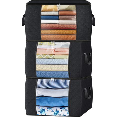 Lot de 3 sacs de rangement pliables de 90 litres pour ranger les vêtements, les armoires et les couettes de votre chambre, noirs (1/5)
