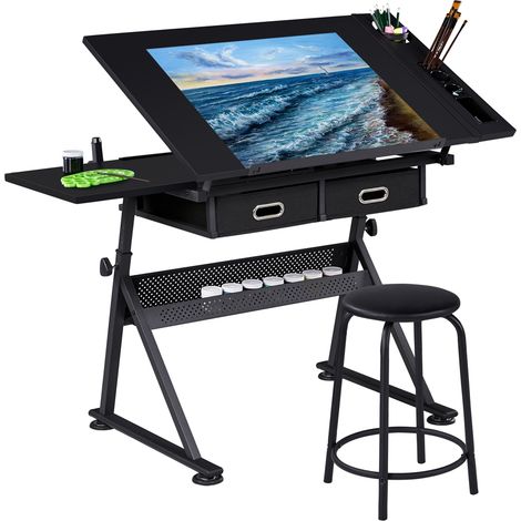 Yaheetech Mesa de Dibujo Inclinable Mesa de Pintura Multifuncional Escritorio con Cajones para Arte Estudio Altura Ajustable Negro 120.5 x 60W x（65-90.5） cm Negro (1/5)
