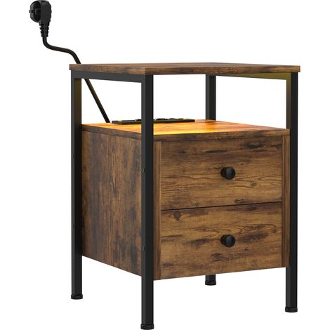 Table d'Appoint & Meuble Entrée Style Industriel – 2 Tiroirs + Étagère avec 2 Prises/USB – Organisation Multifonction 40x40x61cm (1/5)