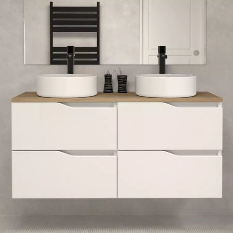 Meuble de salle de bain 120cm avec plateau miel et vasque à poser - sans miroir - 4 tiroirs - blanc - LUNA (1/5)