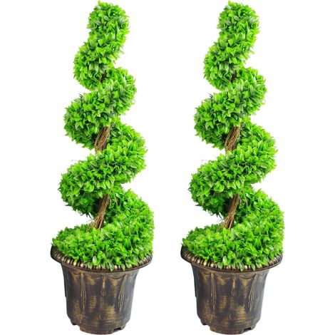 90cm Pair of Green Large Leaf Spiral Topiary Trees with Decorative Planters (1/5)