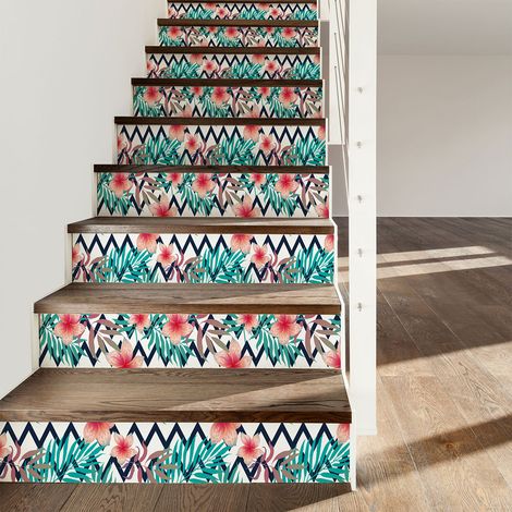 Stickers adhésifs escalier carrelages contremarche - TROPICAL KAHAIA - 2 bandes de 12.5x87.5cm (1/3)