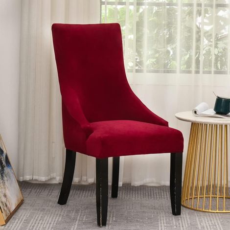 Velvet side chair cover with winged back - Stretchable protective cover for armchair, kitchen, dining room, banquet decoration - Chair not included (wine red) (1/5)