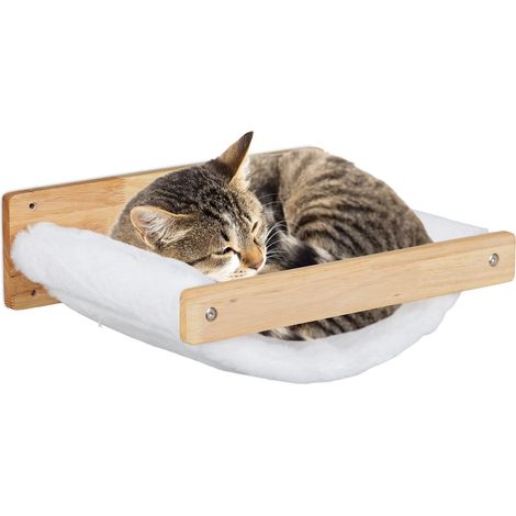Relaxdays Katzenhängematte, Wand, hängendes Katzenbett, Plüsch, HBT: 17x39,5x32,5 cm, Katzenwandliege Holz, weiß/natur