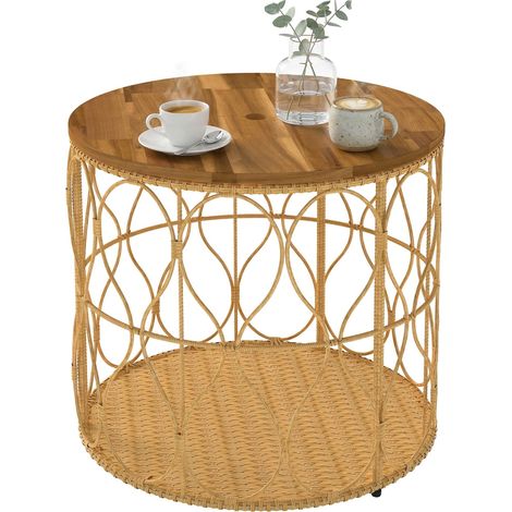 Beistelltisch Ø50 cm wetterfest Gartentisch mit Rattanoptik Akazienholzplatte verstellbaren Füßen Teak
