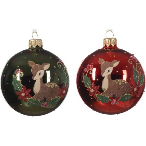 Palline per albero di Natale in vetro decorato verde e rosso da Ø 8 cm, confezione da 6 pezzi (1/2)