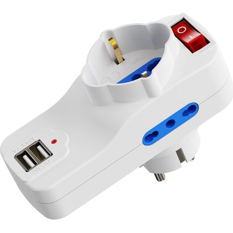 Ciabatta Multipresa con USB,Multipresa Elettrica con 1 Schuko e 2 Prese 10A/16A,Multipresa da Scrivania con Interruttore On/Off,Ciabatta Multipresa con 2 Prese USB,Ciabatta Multipresa Piatta 16A,1500W (1/5)