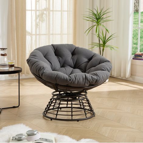 Chaise Papasan pivotante 360° en rotin PE avec coussin épais, Ø 92 x H 67 cm, acier, gris, REDOM (1/5)