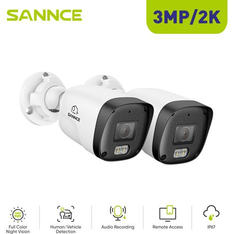 SANNCE Caméras de sécurité extérieures 3MP PoE avec détection humaine/véhicule, vision nocturne couleur, enregistrement audio, IP66 (1/5)